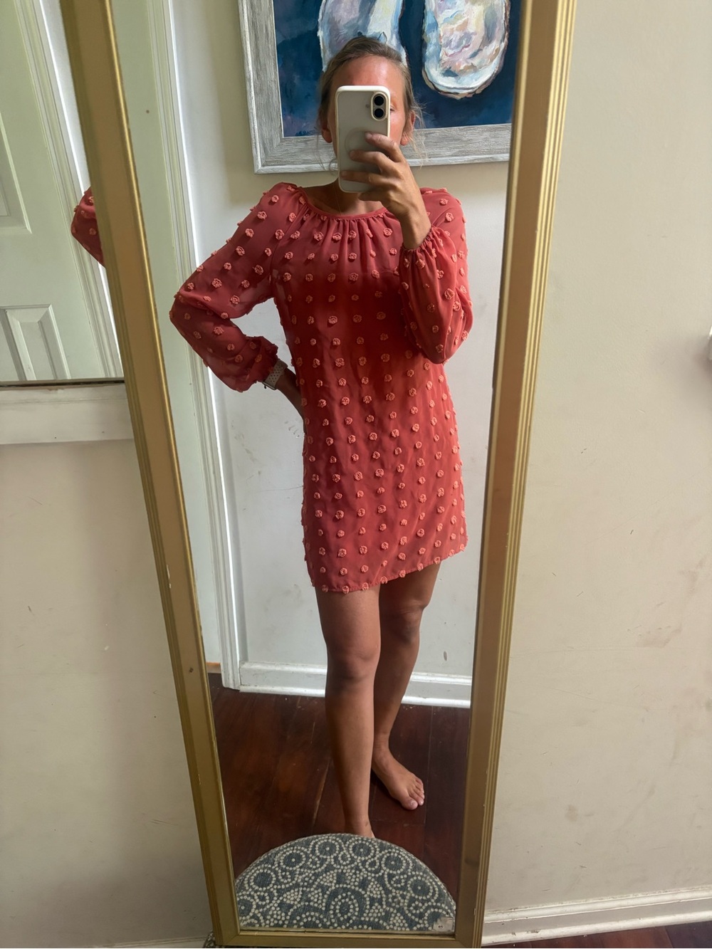 Orange Pom-Pom Long Sleeve Mini Shift Dress